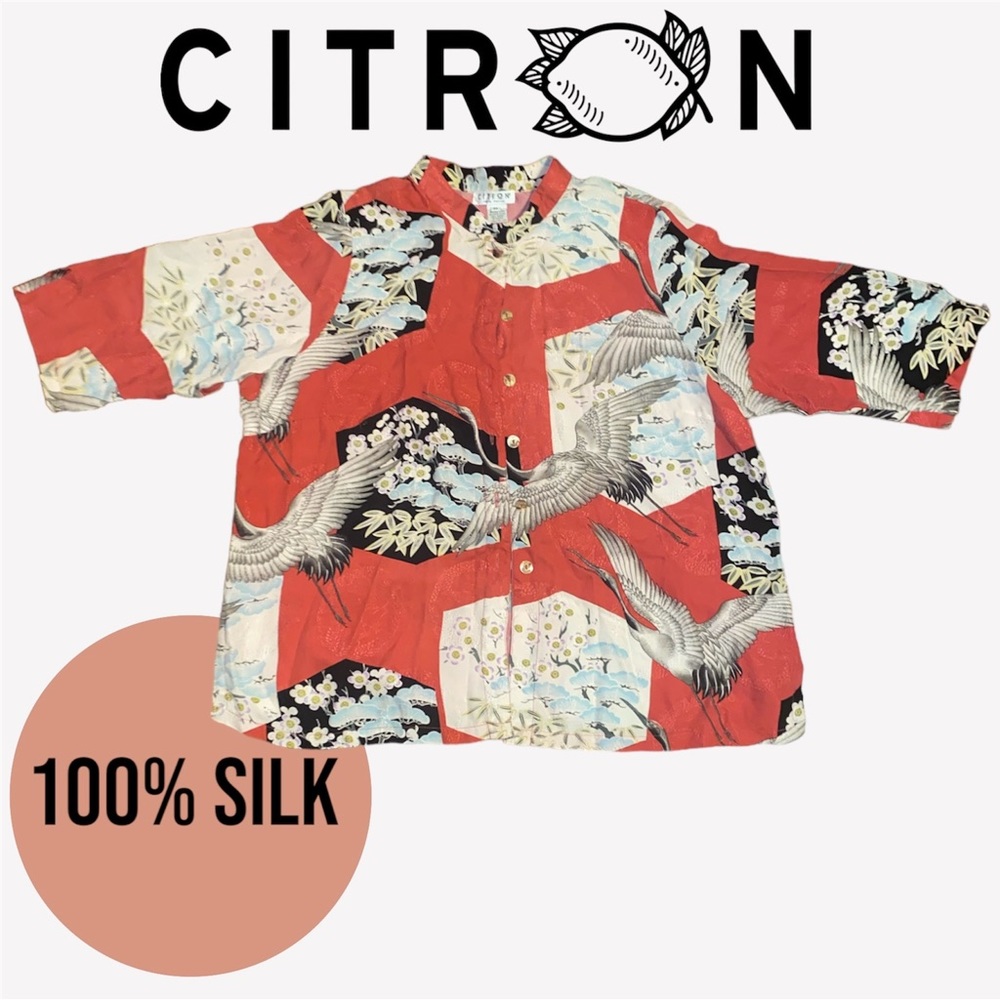100% SILK VINTAGE CITRON SANTA MONICA BUTTON DOWN BLOUSE SIZE 2X